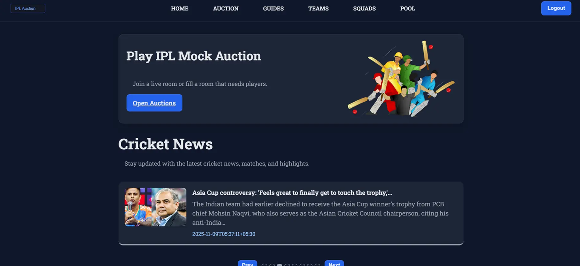 Mock IPL Auction dashboard preview